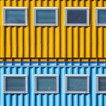 yellow, blue, container, window, color, metal, geometry